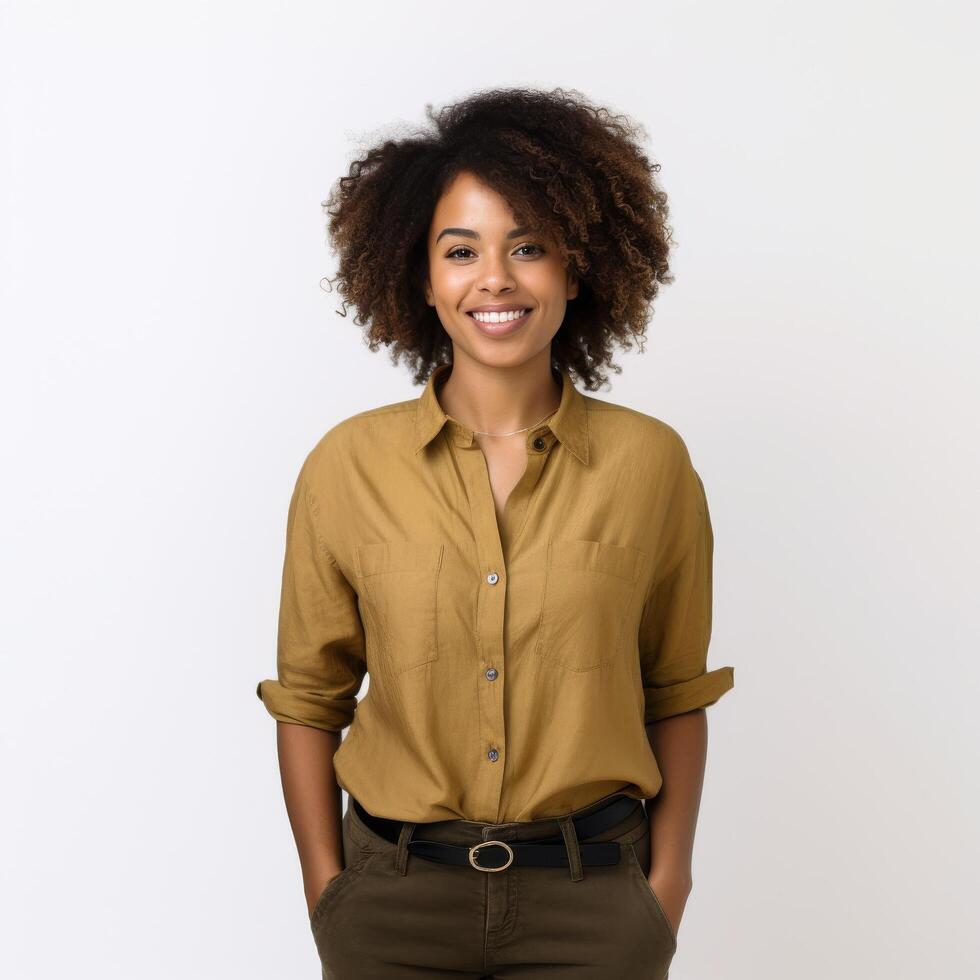 retrato de un sonriente joven africano americano mujer casual Moda foto