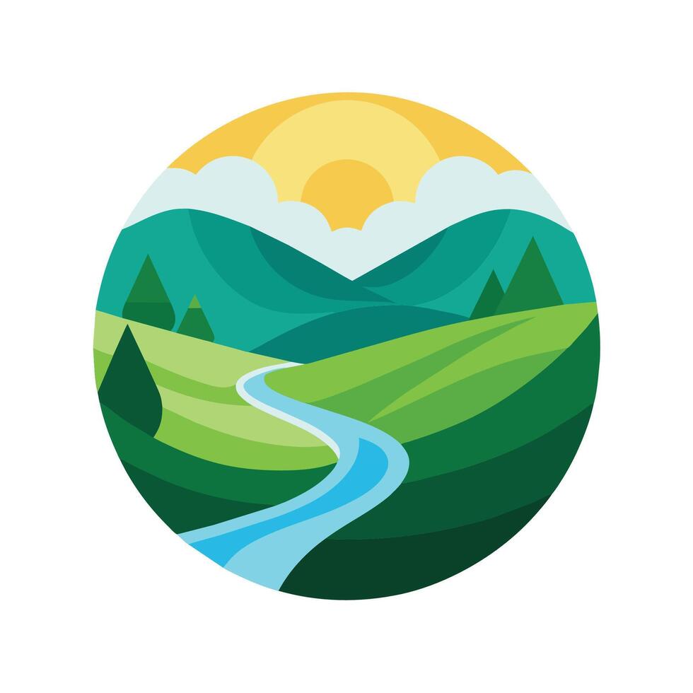 un verde paisaje con laminación colinas y un calma río corriendo mediante él, un sereno paisaje con laminación colinas y un calma río, minimalista sencillo moderno logo diseño vector