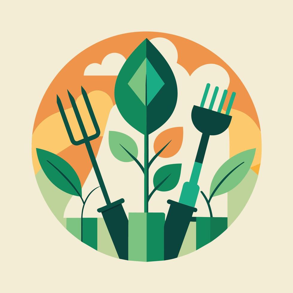 A fork, knife, and plant are placed in a circular arrangement in a minimalist design, A simple graphic of gardening tools in a minimalist, abstract form vector