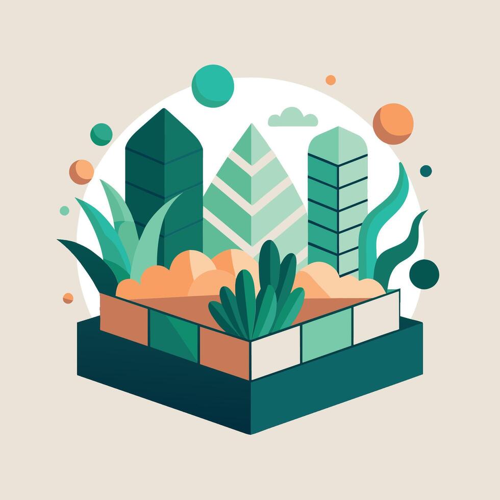 ilustración de un caja lleno con varios plantas, exhibiendo un pequeño jardín acuerdo, un sereno jardín cama con geométrico formas y mínimo color paleta vector