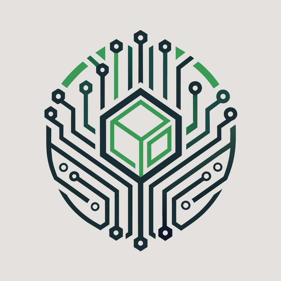 A green and black logo with a cube in the center, showcasing a sleek and minimalist design, A sleek and minimalist design featuring circuit board patterns vector