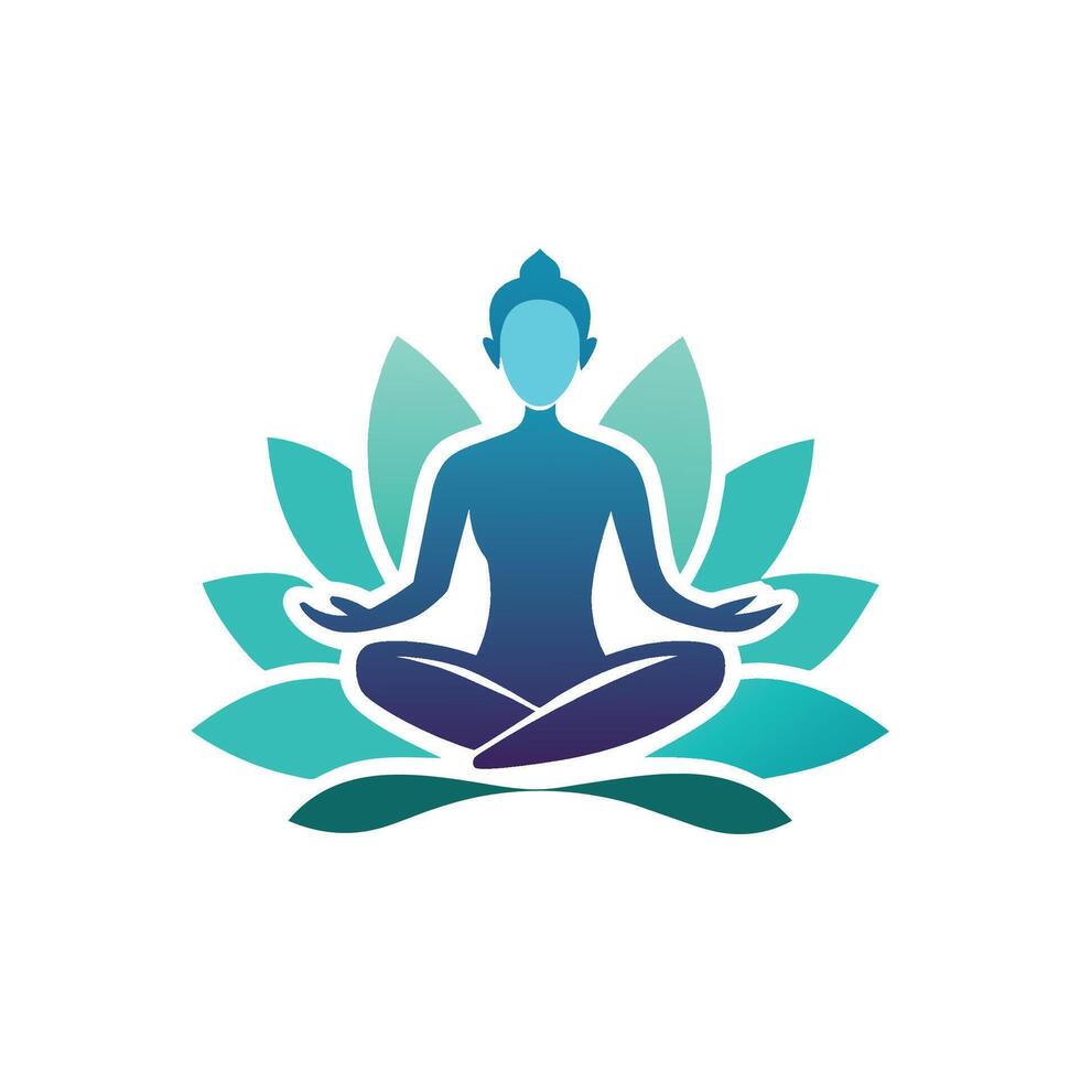 Individual meditates in lotus position atop large leaf, A serene image of a meditating figure set against a clean, white background vector