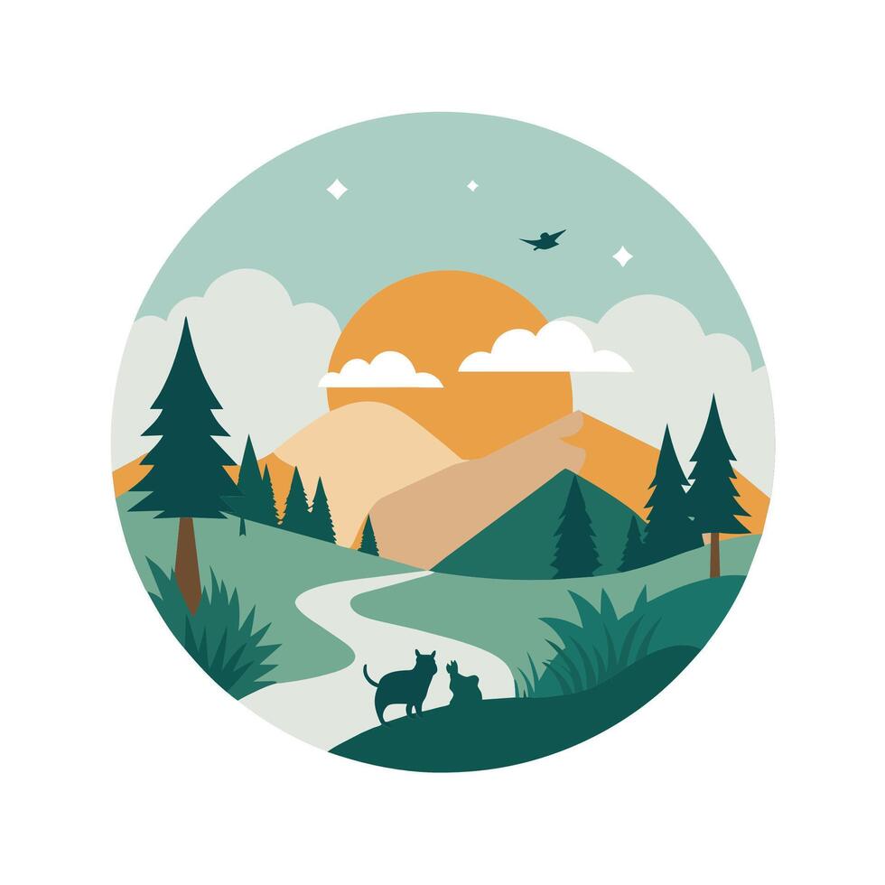 Trees and mountains dominate the landscape in this scenic view, A serene landscape with pets scattered throughout, minimalist simple modern logo design vector