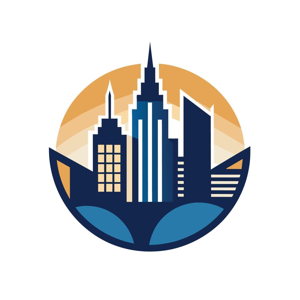 A city skyline featuring various buildings and structures, A logo design using negative space to create the shape of a city skyline vector