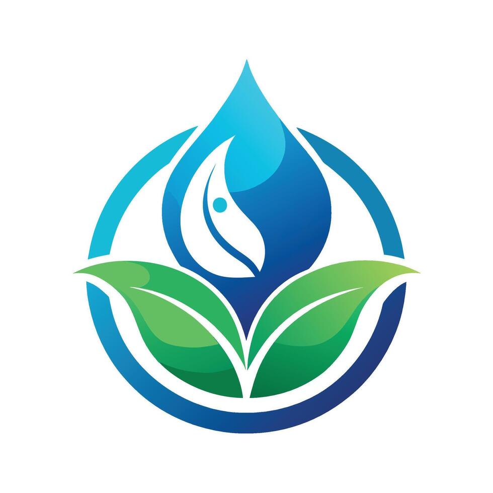 Close-up of a blue and green water drop resting on vibrant leaves, A logo that captures the essence of water conservation with minimalistic elements vector