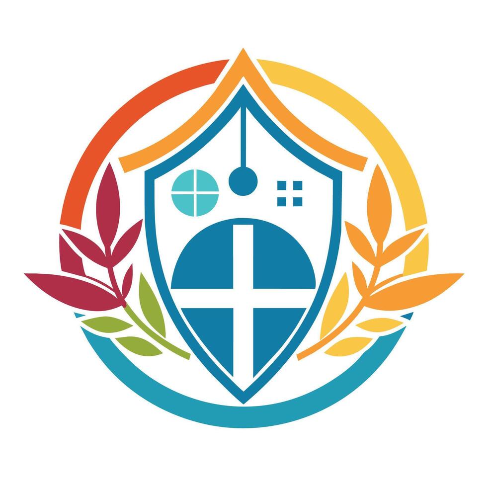 A shield featuring a cross surrounded by leaves, symbolizing protection and growth, Artistic interpretation of insurance coverage and peace of mind vector