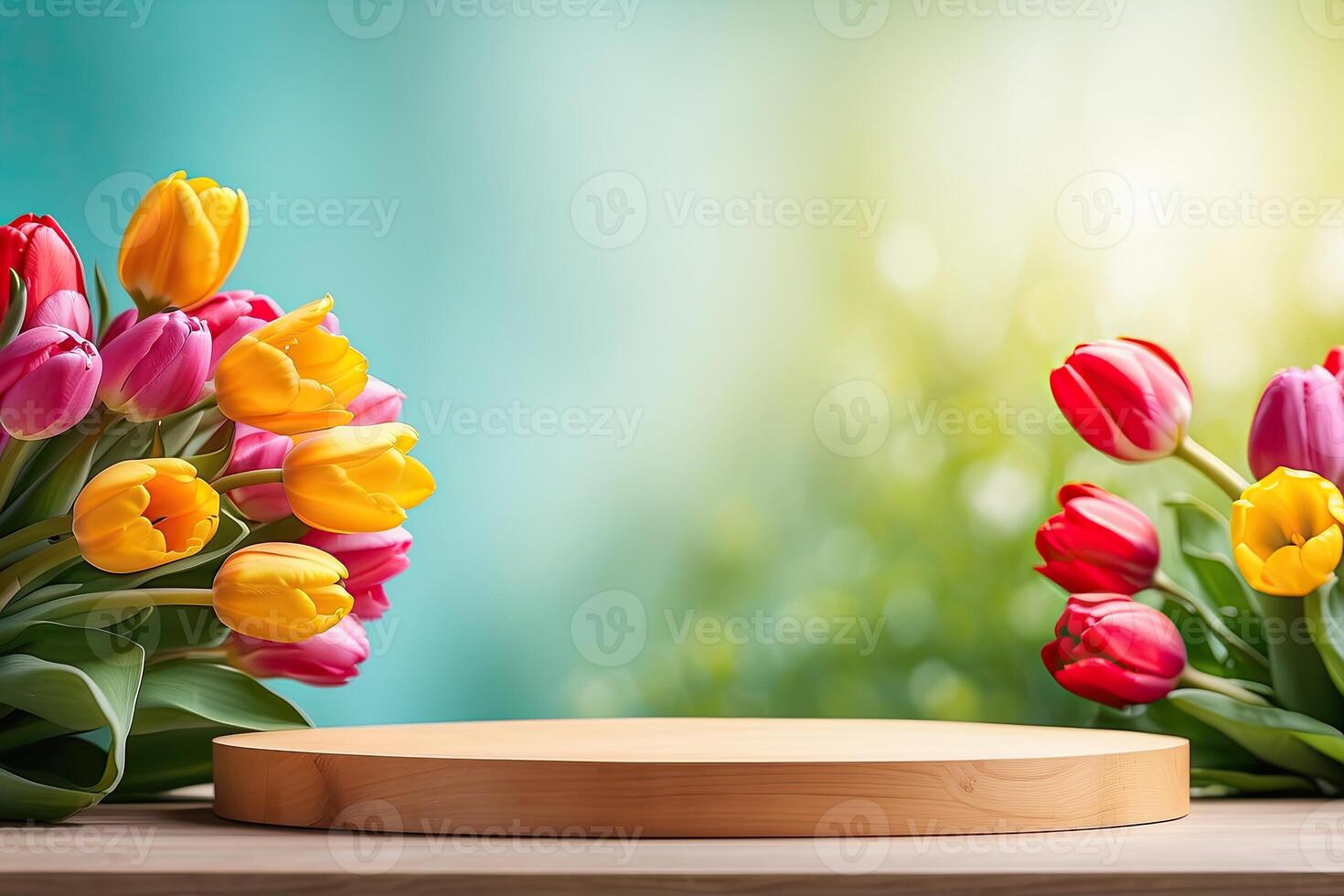 Podium for demonstration, display and montage of product, cosmetic with bright tulips spring decor. Spring time background, blooming, birthday, March 8, Easter, women's day. Copy space. photo