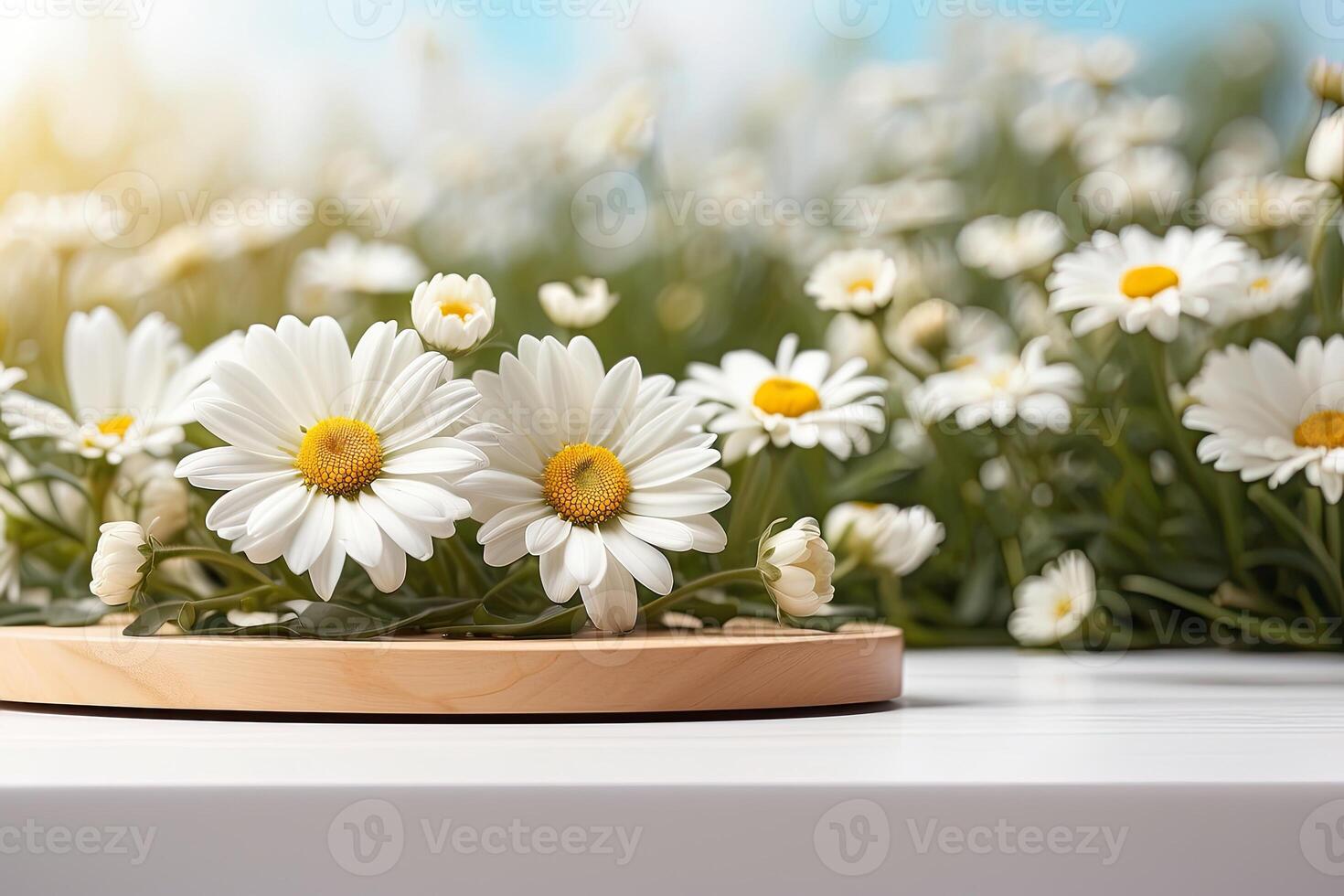 Blank Podium for demonstration and montage of product with daisies floral spring and summer decor. Summer background, blooming, birthday, March 8, Easter, women day, wedding. Copy space. photo