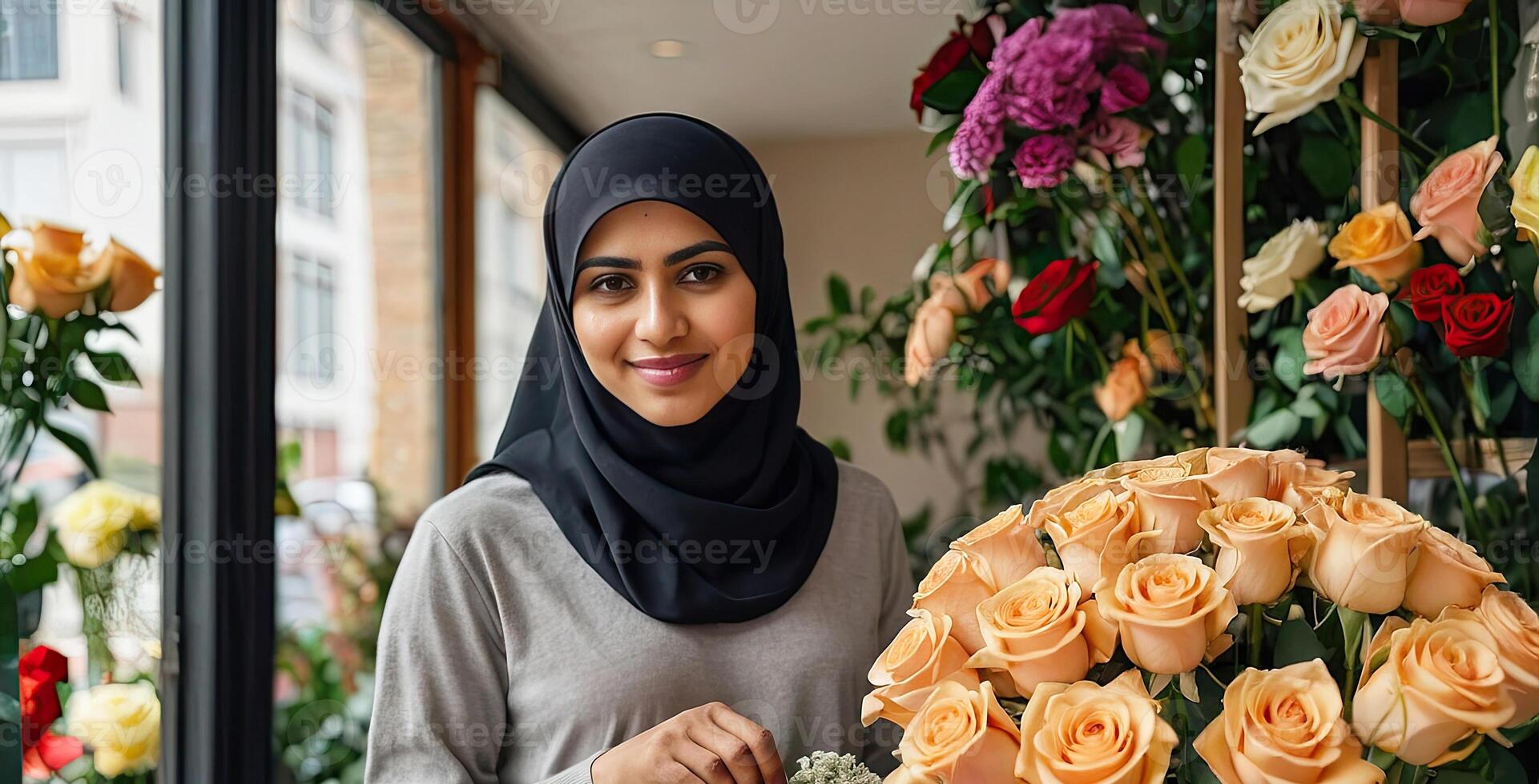 musulmán mujer florista recoge ramo de flores de rosas- Fresco cortar flores en floreros en flor tienda y bastidores para venta, entrega para el día festivo. primavera, marzo 8, De las mujeres día, cumpleaños foto