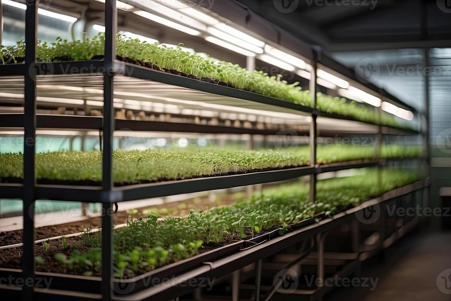 Young green shoots of micro-greenery in the container on an industrial scale, on racks with phytolamps, the production and cultivation of superfoods for sale, photo