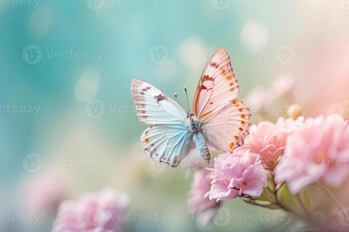 Pastel color butterflies on delicate spring flowers in a field with a space for text. Spring time. photo