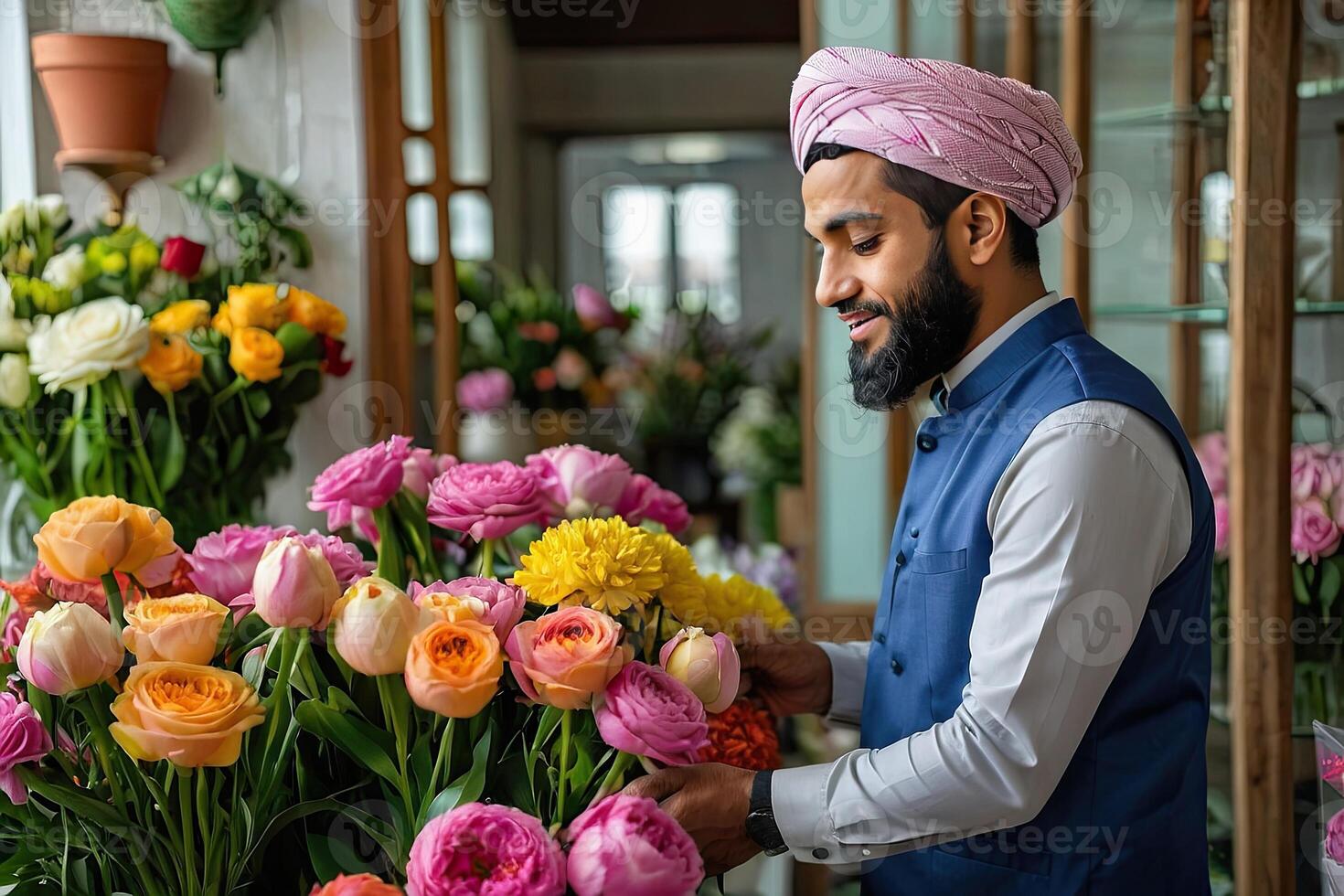 Muslim man florist collects bouquet of pions- fresh cut flowers in boxes and vases in flower shop and racks for sale, delivery for the holiday. Spring, March 8, women's Day, birthday. photo