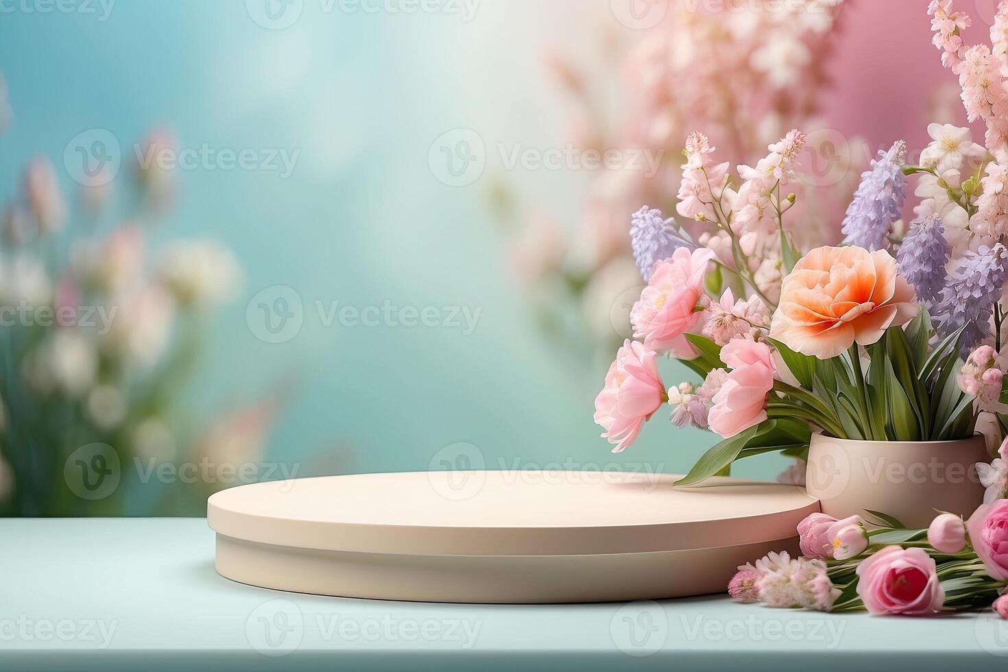 Podium for demonstration and montage of product with delicate floral spring decor. Spring time background, blooming, birthday, March 8, Easter, women's day, wedding. Copy space. photo