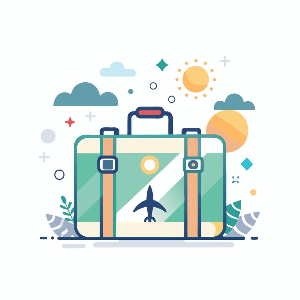 Illustrated suitcase featuring a plane design on the surface, A minimalist representation of a suitcase with subtle travel accents vector