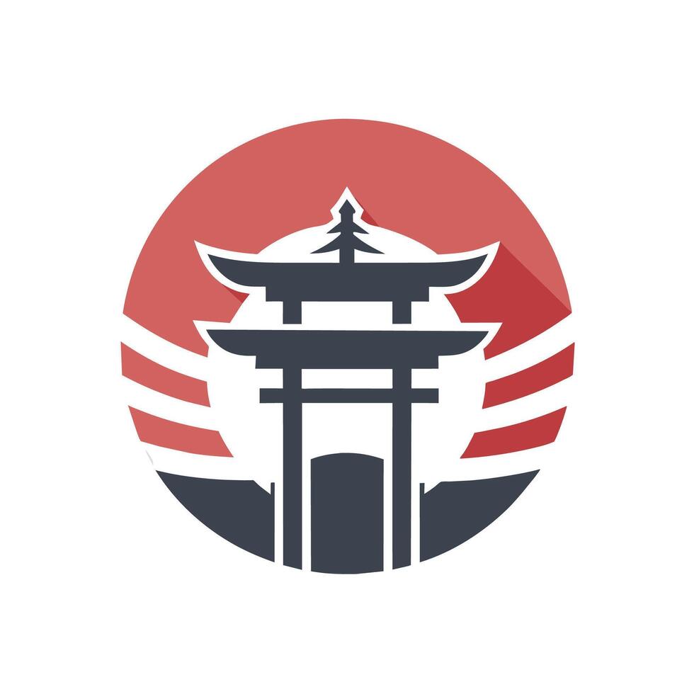 A red circle featuring a pagoda in the center, inspired by Japanese design principles, A minimalist logo inspired by Japanese design principles, emphasizing simplicity and balance vector