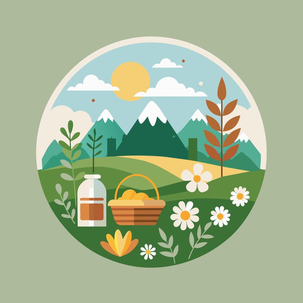 A green background featuring a basket filled with flowers in a field, A peaceful scene of a picnic in a meadow with wildflowers vector