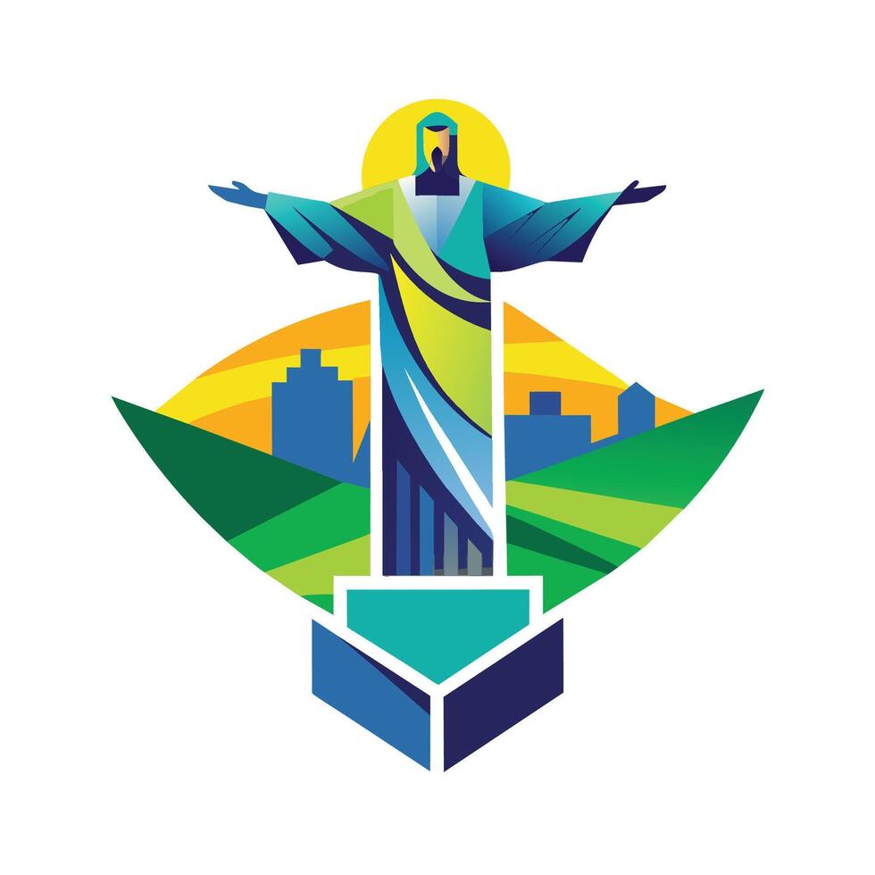 Stylized statue of Jesus Christ with a modern twist, set against a city skyline in the background, A modern twist on the Christ the Redeemer statue in Rio de Janeiro vector