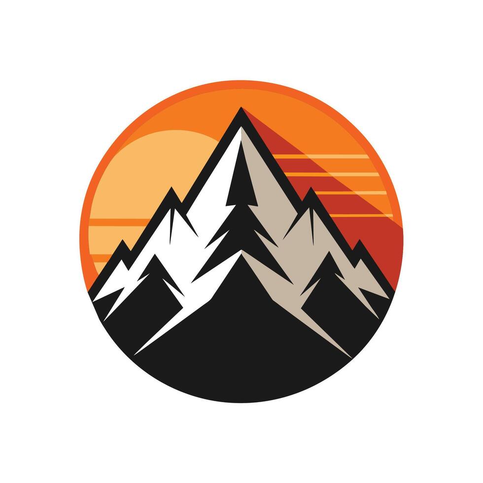 A mountain stands tall against a vibrant sunset backdrop, A minimalist logo with the silhouette of a mountain peak vector