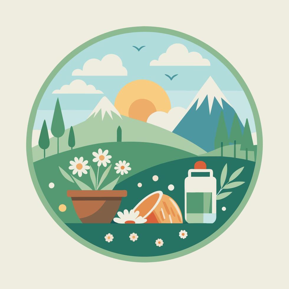 A water bottle next to a potted plant on a table, A peaceful scene of a picnic in a meadow with wildflowers vector