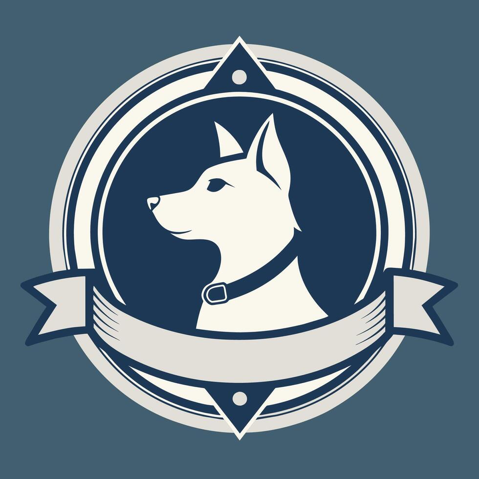 A dog with a ribbon tied around its neck, sitting calmly, An elegant emblem featuring a pet collar, minimalist simple modern logo design vector