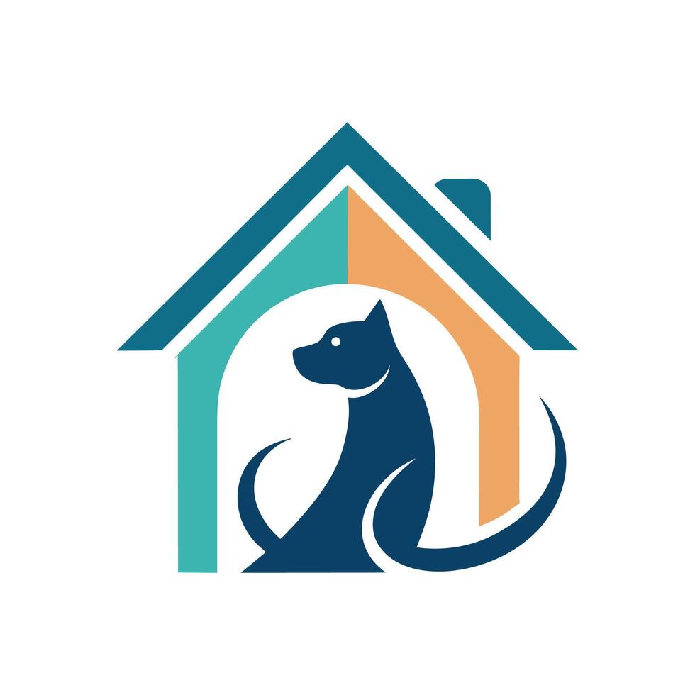 A dog is sitting inside a house in this logo design, Abstract representation of a heart and pet in negative space vector