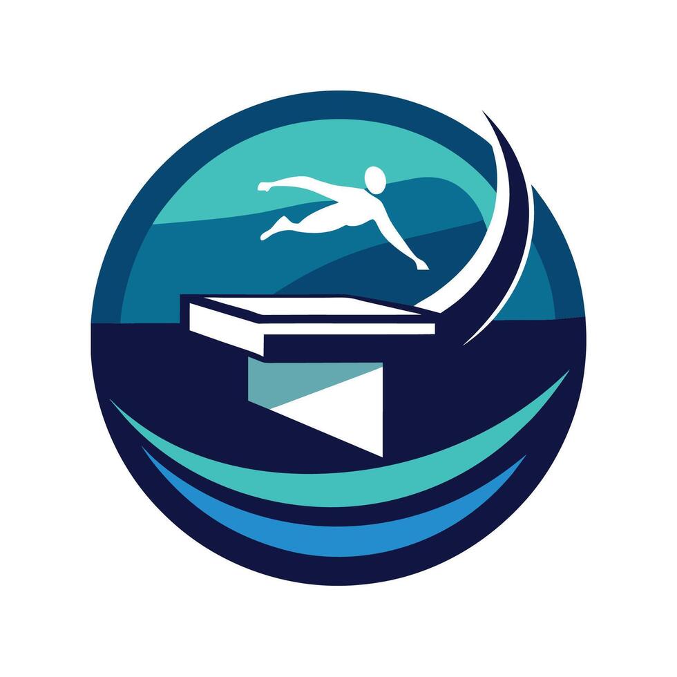 A sleek logo design showcasing a swimming pool with diving board under the sun, A sleek design featuring a swimming pool with diving board vector