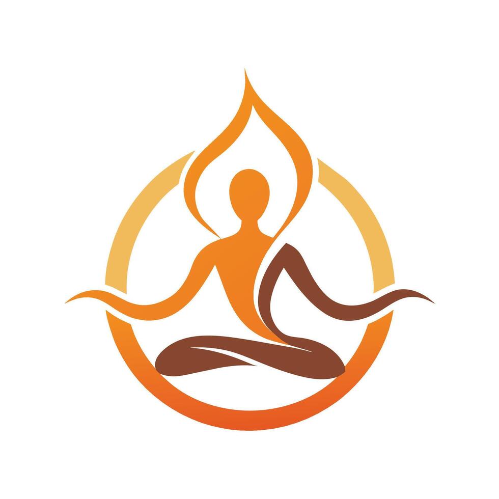 A person in a yoga pose with a flame burning in the background, A sleek logo featuring a minimalist design of a yoga pose vector