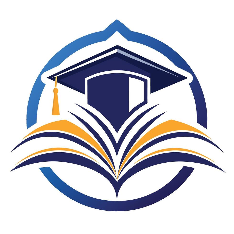 A graduation cap placed on top of a book, symbolizing academic achievement, A sleek, modern design featuring a stylized book and graduation cap vector