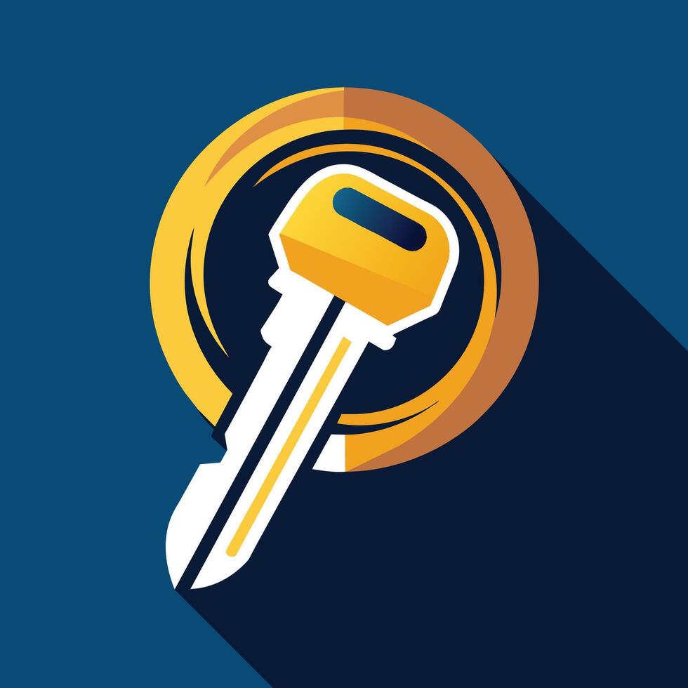 A single key casting a long shadow on a blue background, An artistic interpretation of a rental car key in a sleek and minimalistic style vector