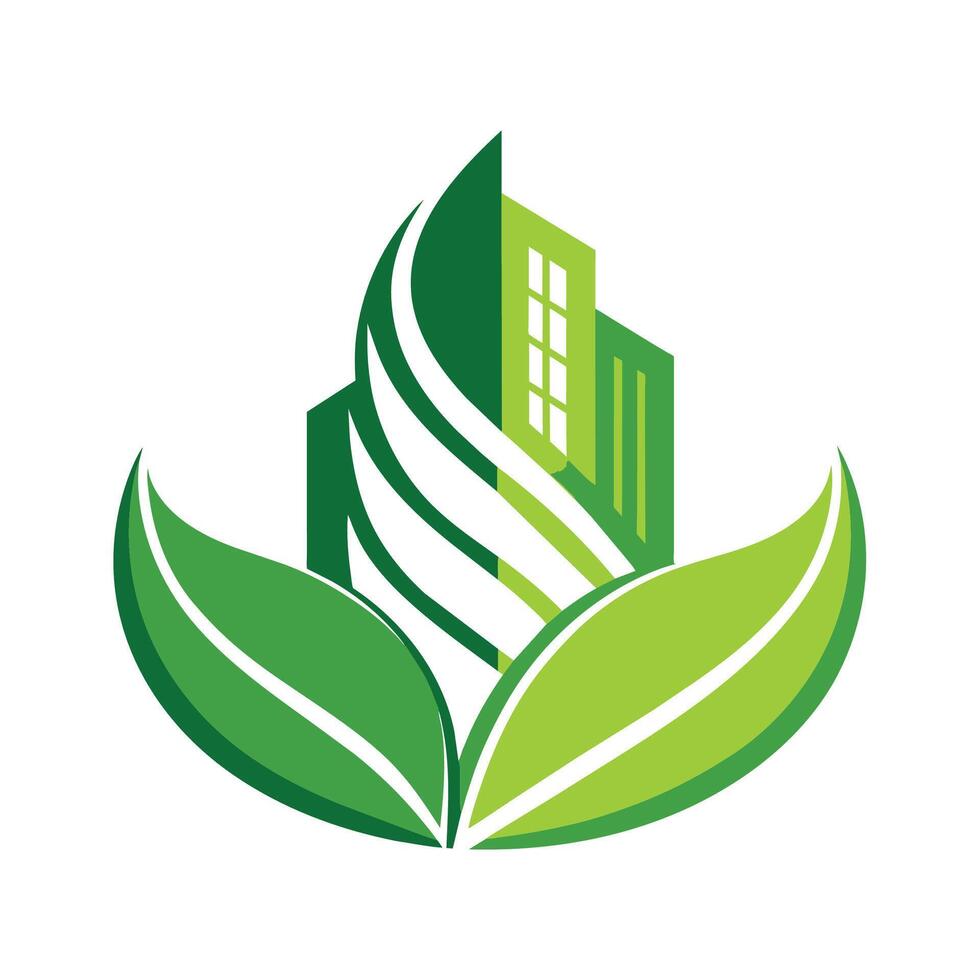 A green leaf stands in front of an innovative building inspired by nature, An innovative building inspired by nature, featuring organic curves and greenery vector
