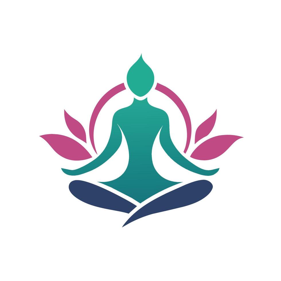 A person sits cross-legged in a lotus position surrounded by green leaves, A sleek logo featuring a minimalist design of a yoga pose vector