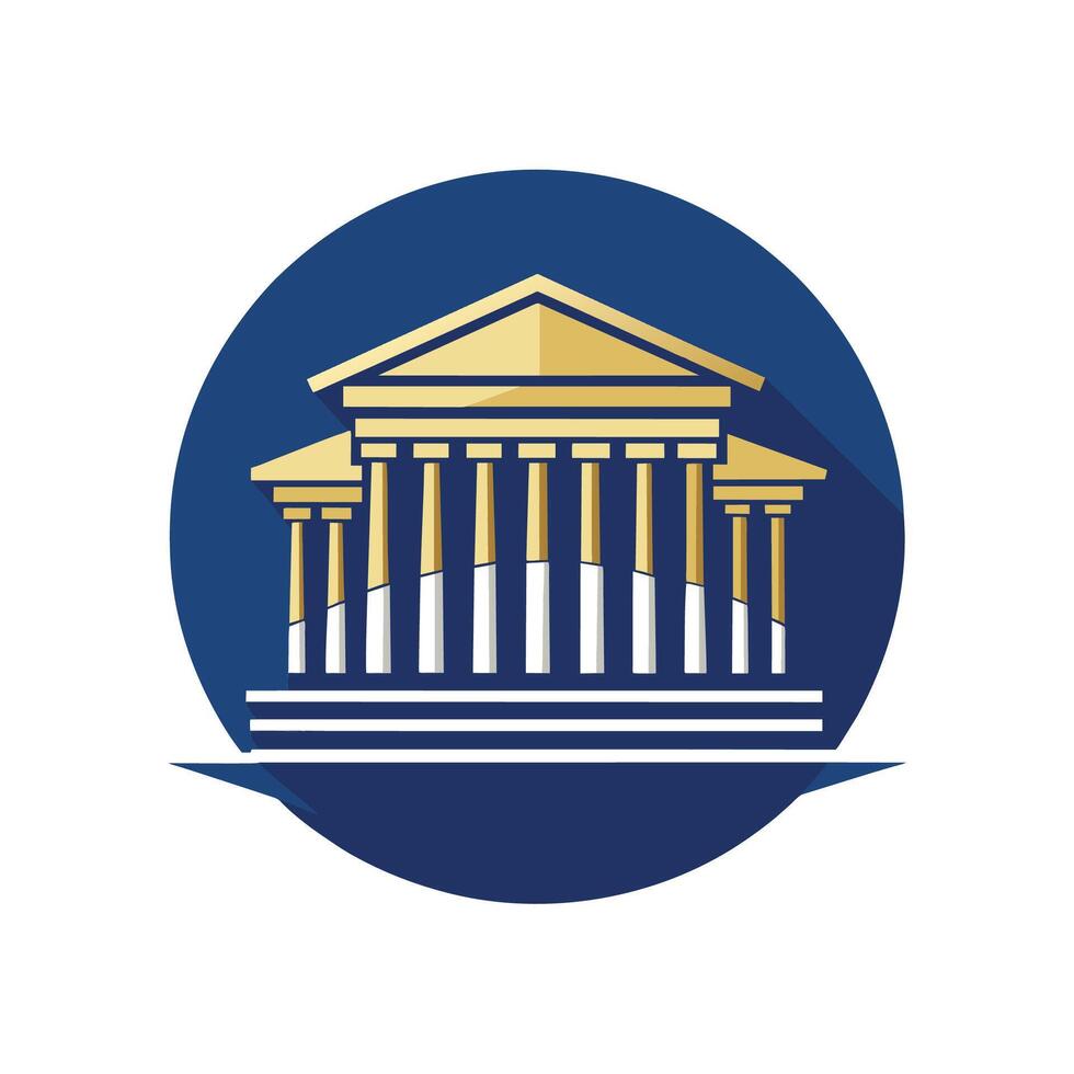 Blue Circle With Gold Greek Temple, An artistic interpretation of the Acropolis in Athens, minimalist simple modern logo design vector