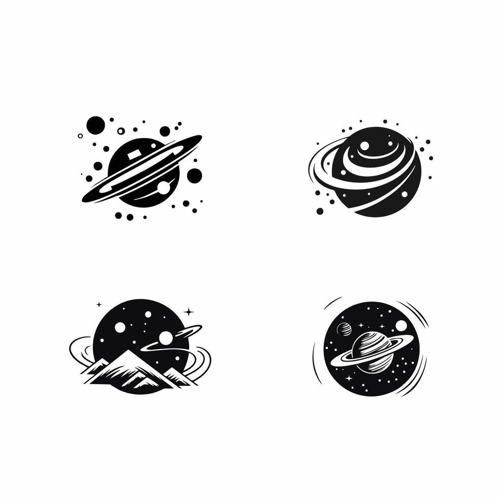 Set of space emblems, outer space logos, planet logos, flying rockets, technology, science on black and white white background. vector