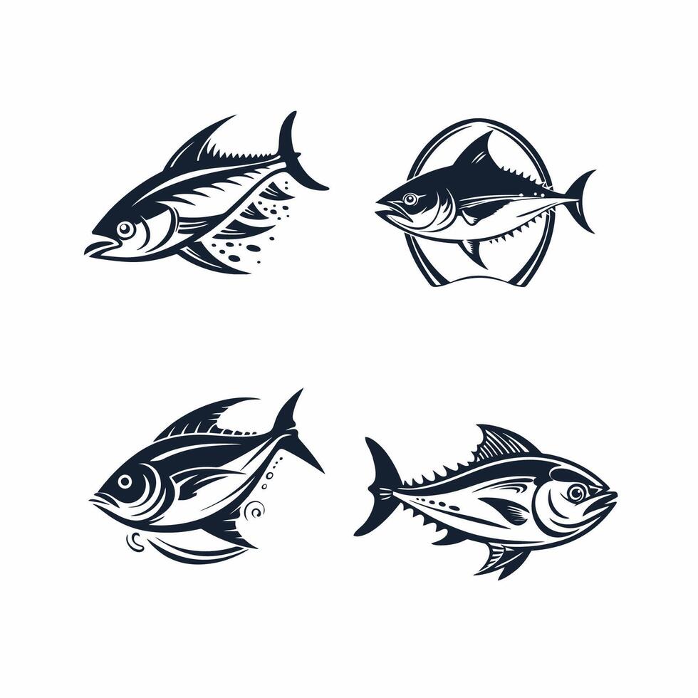 set of linear logos and emblems - fish and fishing - abstract design elements vector