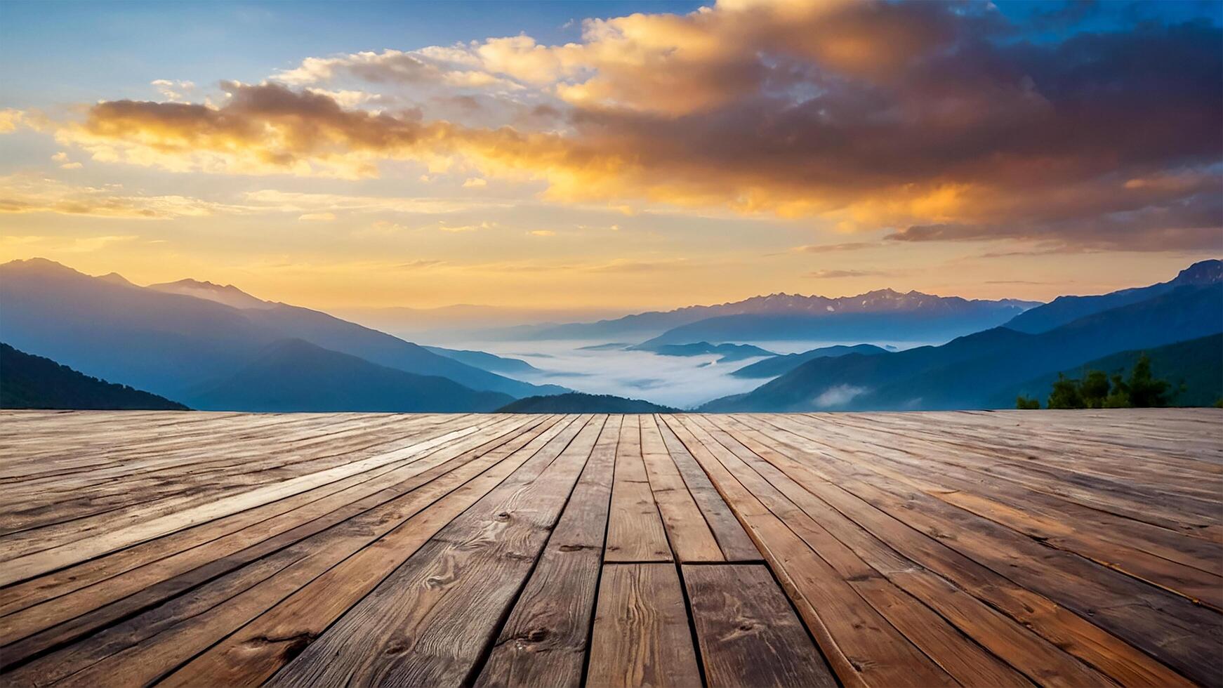 Wooden balcony with sunset and mountain views. Beautiful panoramic natural scenery photo