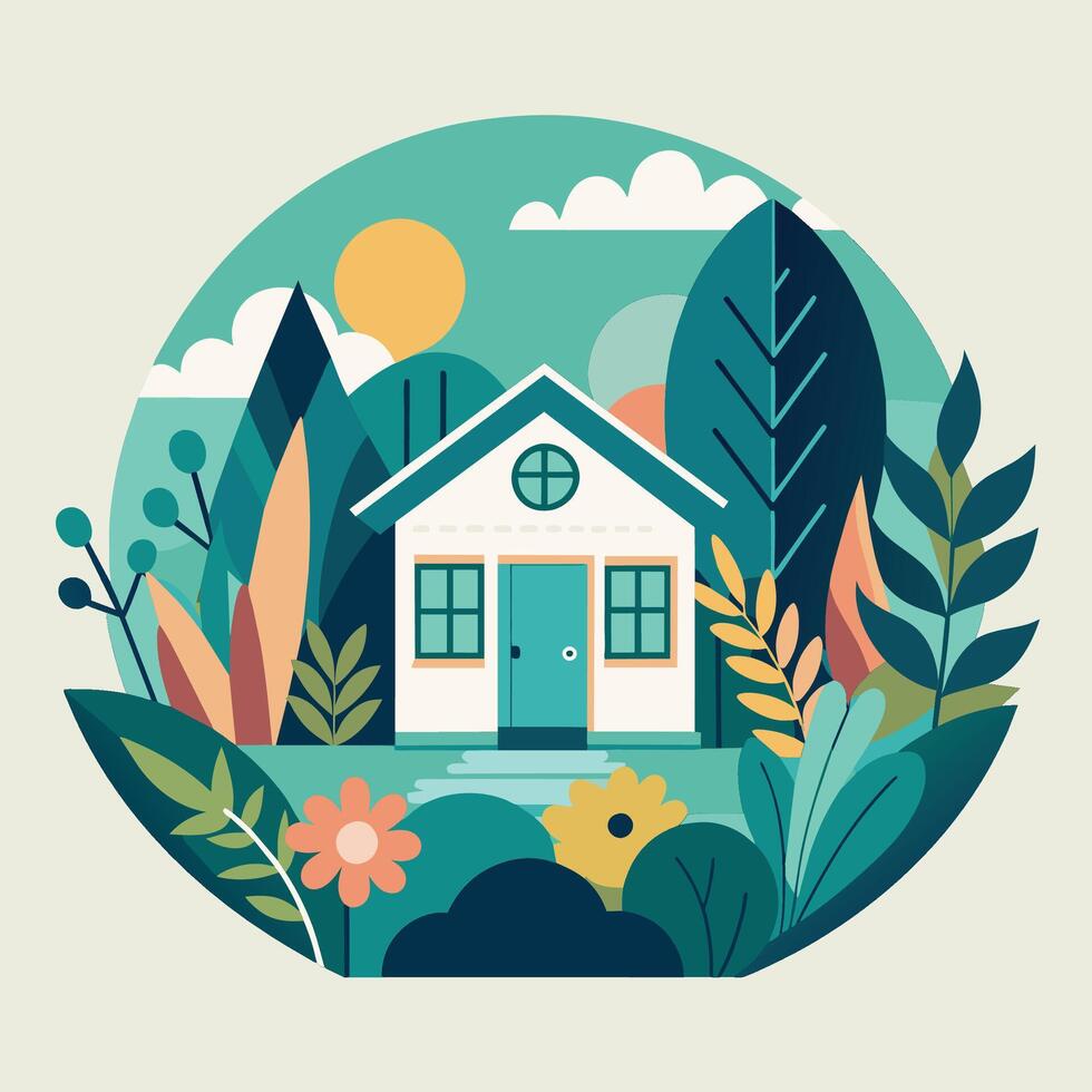 A house nestled among lush trees and colorful flowers, A stylized representation of a cozy home surrounded by a lush garden vector