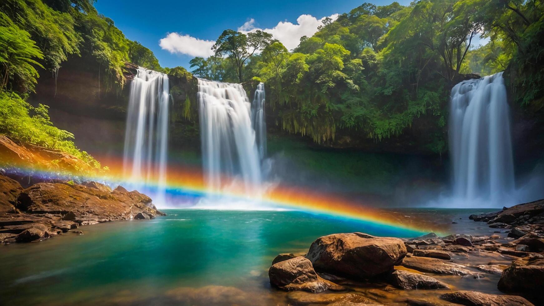 hermosa cascada en el medio de el bosque. y un arco iris cruces foto