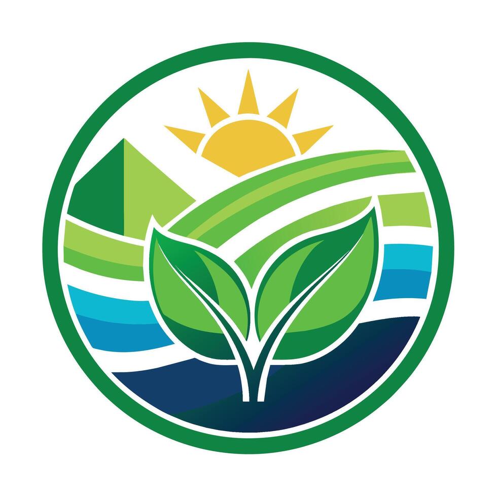 A green leaf positioned in front of a bright sun shining in the background, Craft a simple logo that speaks to the need for preserving our natural resources vector