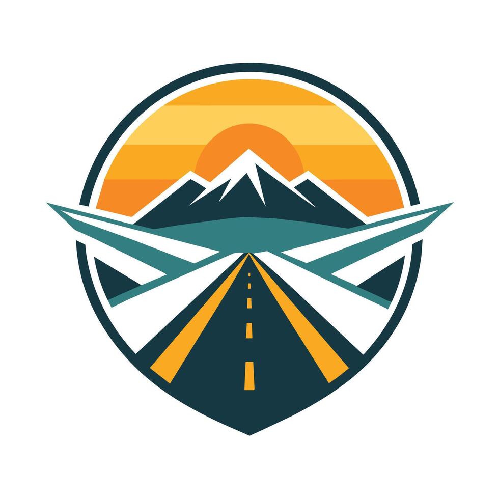 A road stretching towards a mountain in the background under a clear sky, Create a minimalist logo that conveys the concept of transmission vector