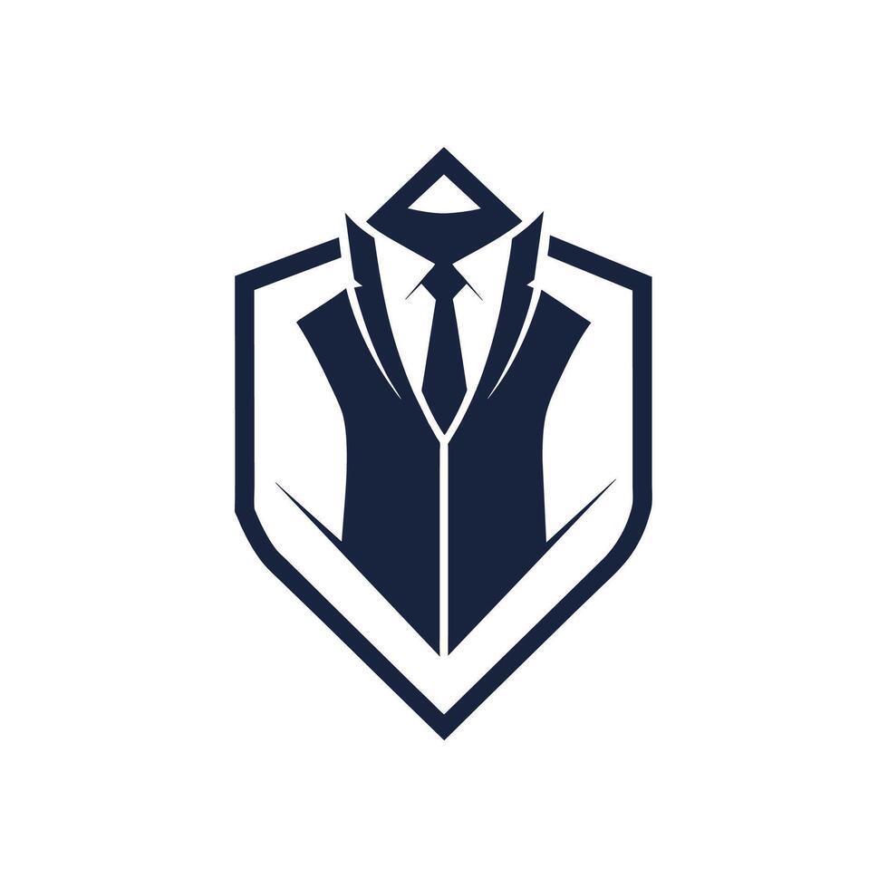 A man dressed in a formal suit and tie, standing inside a shield emblem, Craft a sleek logo for a minimalist workwear brand that values practicality and style vector