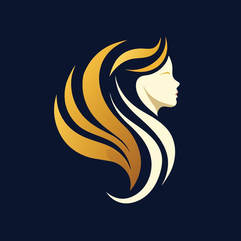 A womans face with flowing long hair and a decorative crown on her head, A minimalist logo incorporating the silhouette of a woman with flowing hair vector