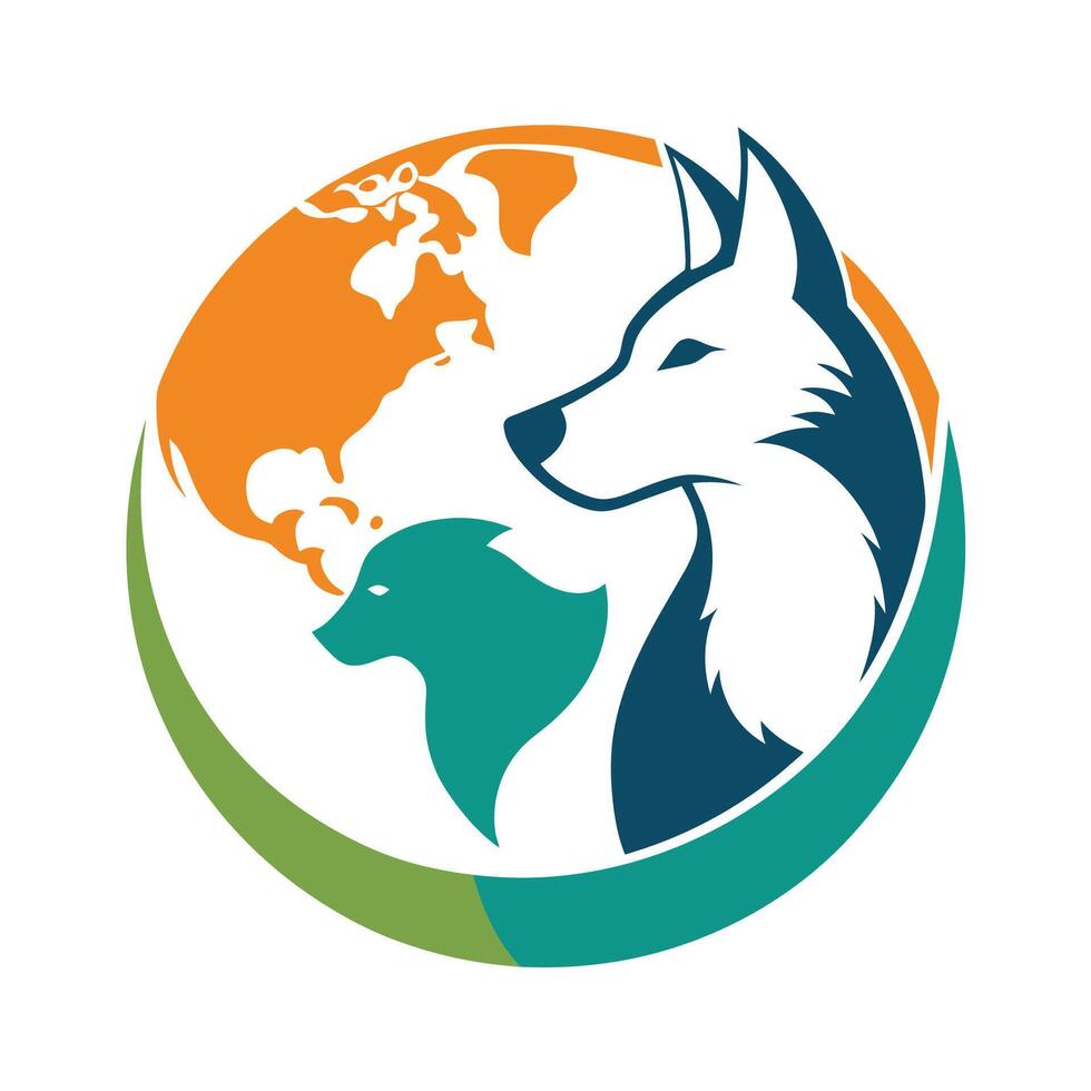 A wolf and a dog standing together with the Earth in the background, Create a clean and modern logo for a nonprofit organization advocating for animal rights vector