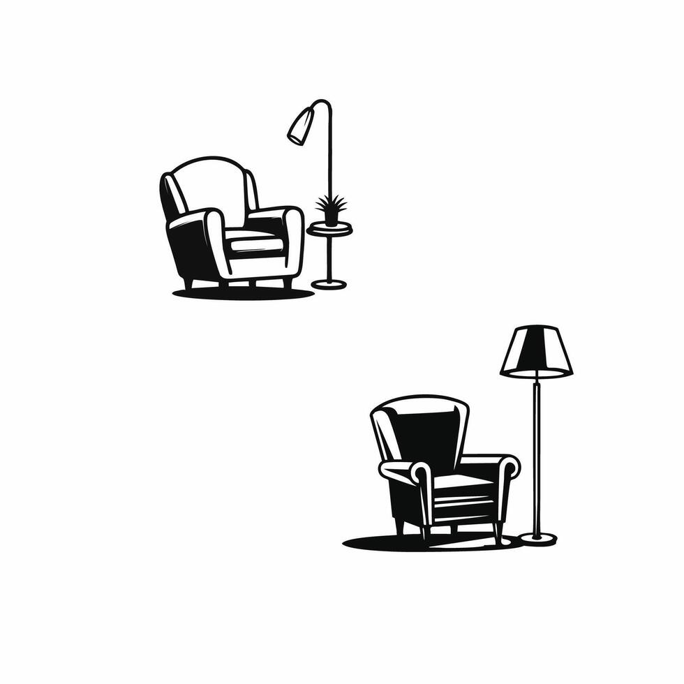 abstract furniture set logo design concept. Symbols and icons of chair, sofa, lamp on black background vector