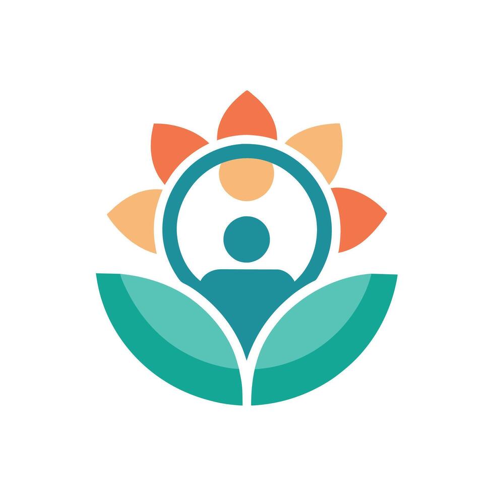 A person seated among flowers, inspecting with a magnifying glass, Create a minimalist icon for a nonprofit organization focused on mental health awareness vector