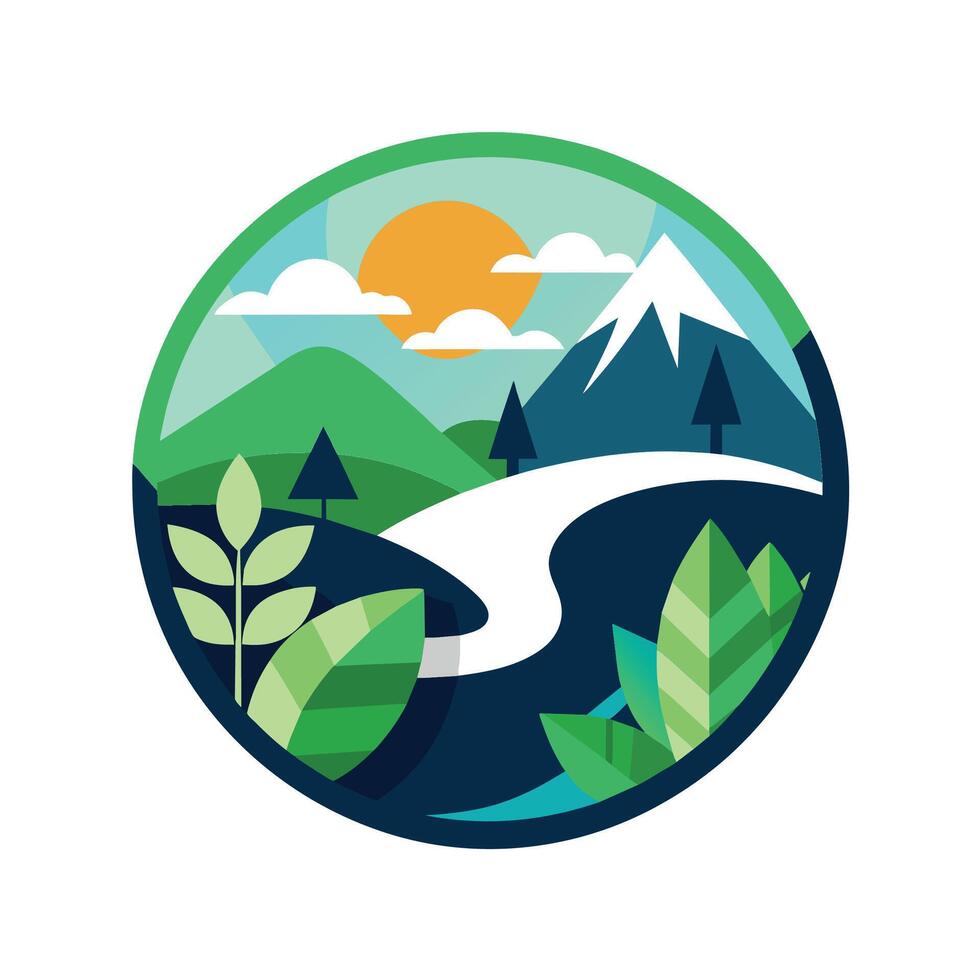 A minimalist logo featuring a green and blue circle with trees and mountains, Create a minimalist logo that highlights the beauty of the Earth's diverse ecosystems vector