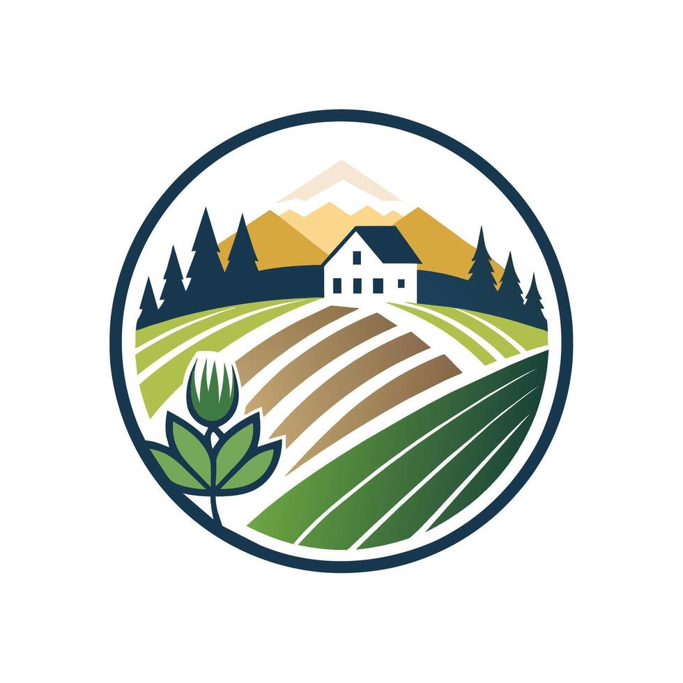 A farm with a house situated in the middle of the vast land, Create a logo for a vineyard resort that embodies sophistication and simplicity vector