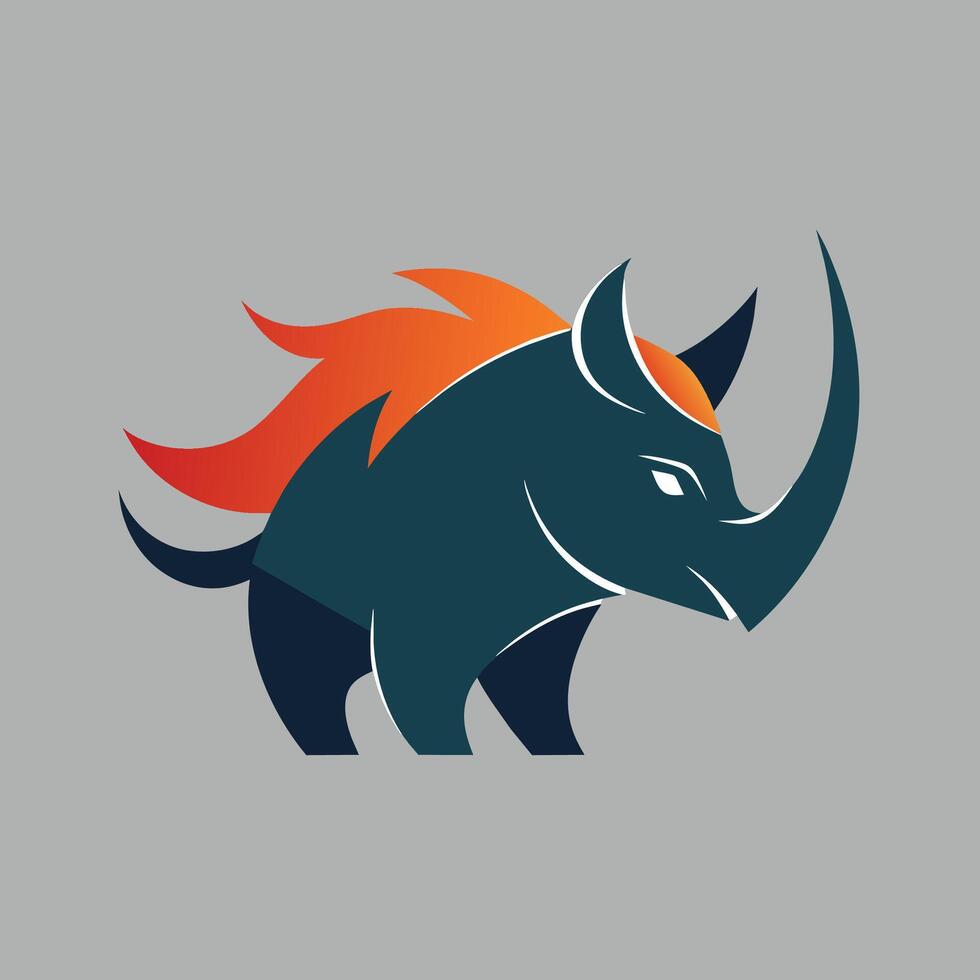 un rinoceronte con un distintivo naranja y azul cola en pie en un llanura gris superficie, crear un minimalista logo de un rinoceronte en un limpio, pulcro estilo vector