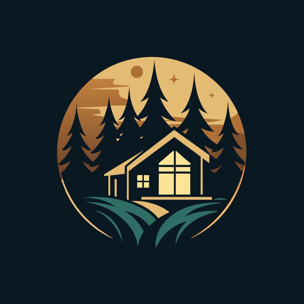 A house is situated in the middle of a dense forest, surrounded by trees and nature, Create a sleek and stylish logo for a boutique resort nestled in the forest vector