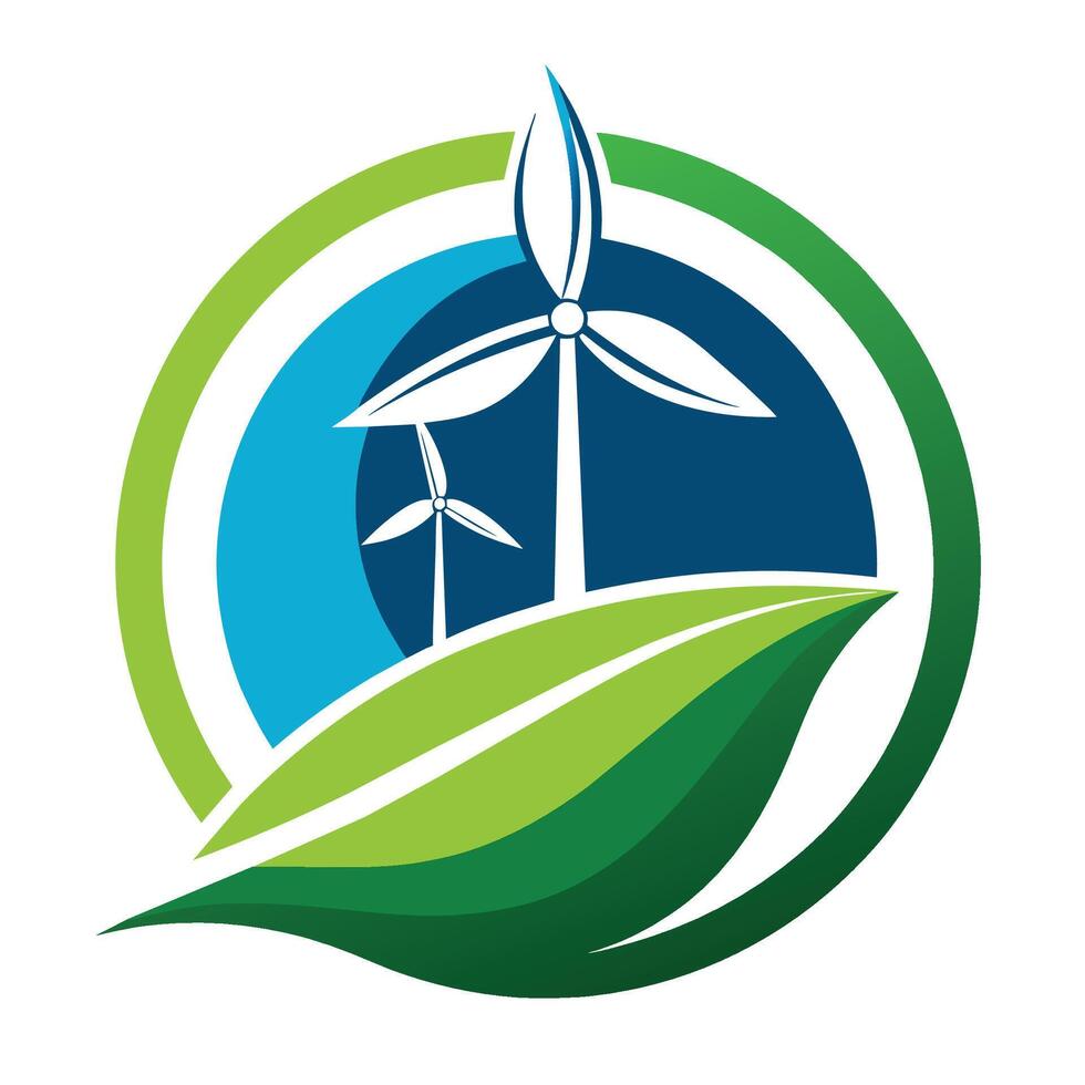 A green leaf in the foreground with a wind turbine spinning in the background, Design a logo that reflects the idea of renewable energy in a sleek and modern way vector