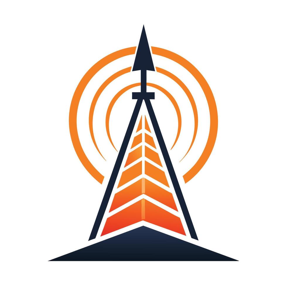 Logo featuring an orange and blue color scheme with a tower in the center, Create a minimalist logo that conveys the concept of transmission vector